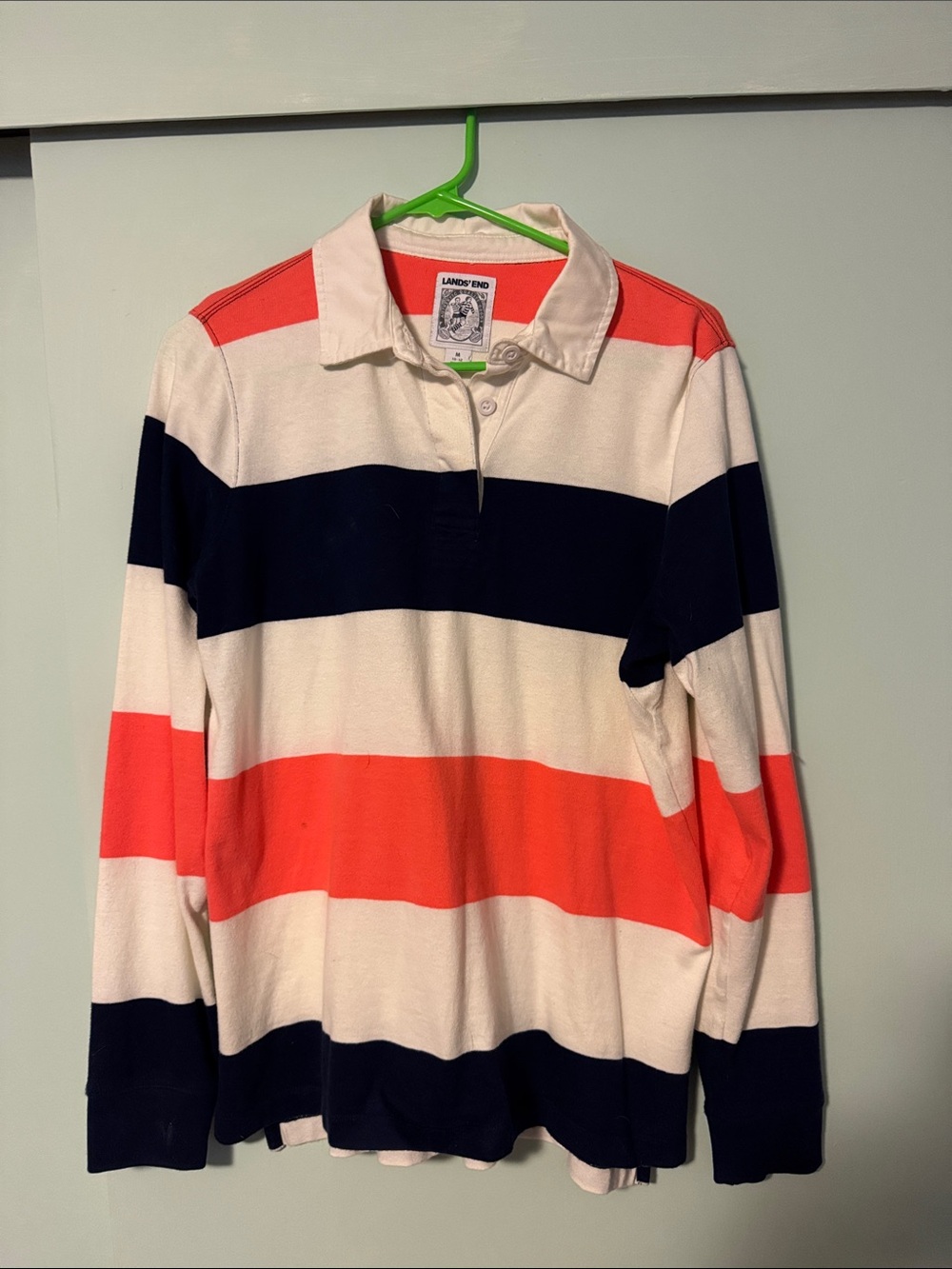 Lands' End Women’s Long-Sleeve Rugby Polo in Navy, White & Coral